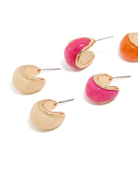 Crafted from acrylic chunky bubble hoop earrings in a 3-pack in gold, pink, and orange close up view - link has visual effect only