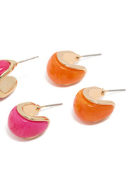 Presenting chunky acrylic bubble hoop earrings in a 3-pack in gold, pink, and orange post detail view - link has visual effect only