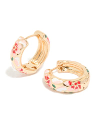 Gold Enamel Floral Thick Huggie Earrings - link has visual effect only
