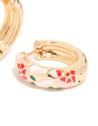 Gold Enamel Floral Thick Huggie Earrings - link has visual effect only