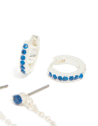 Silver Blue Cubic Zirconia Chain Flower & Huggie Earrings 3-Pack - link has visual effect only