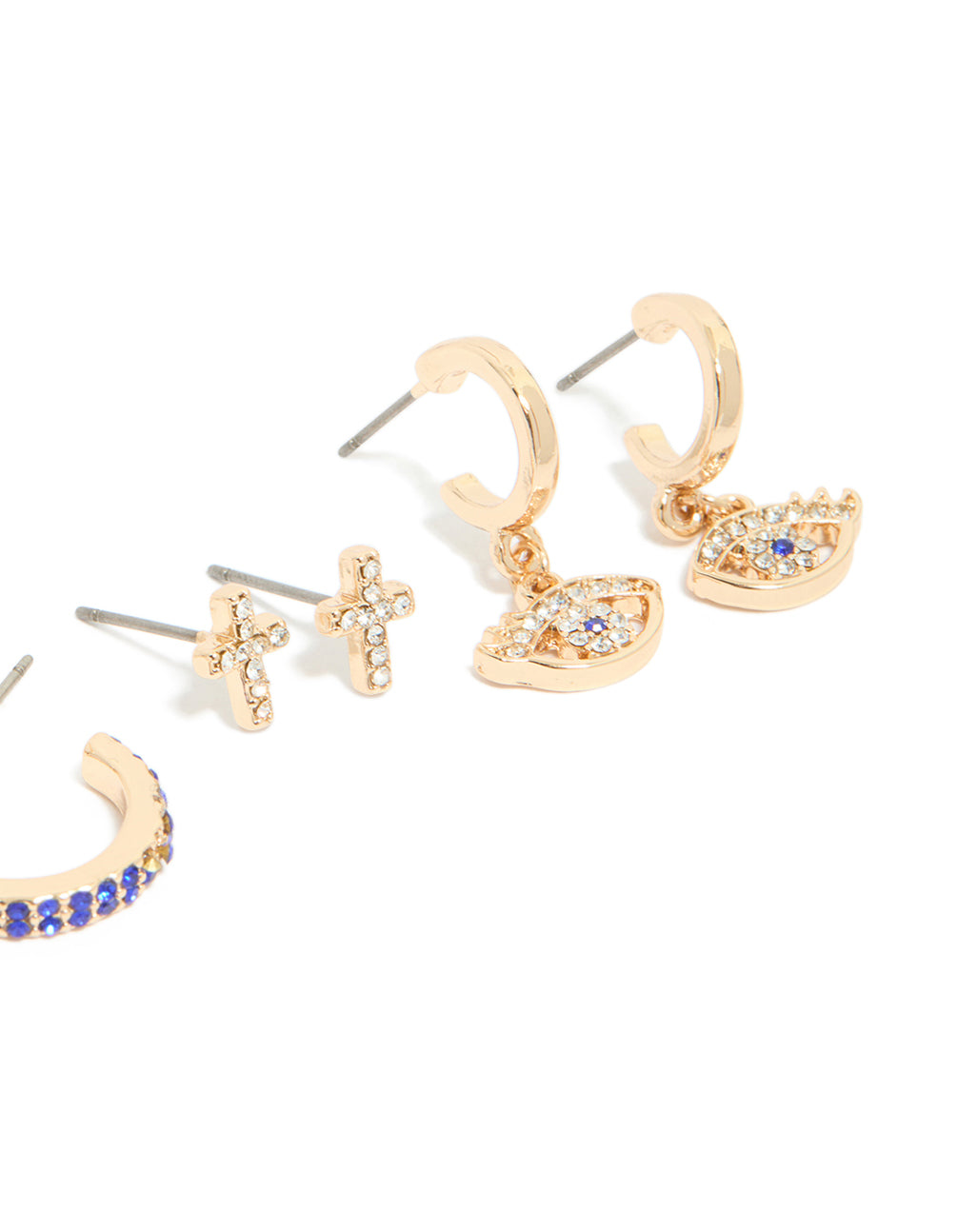 Crafted from gold with diamante featuring evil eye and cross details in a 5-pack, hoop and stud closures in blue and aqua tones post detail view