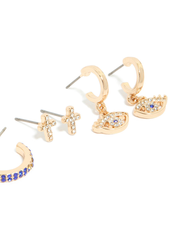 Gold Diamante Evil Eye & Cross Earrings 5-Pack