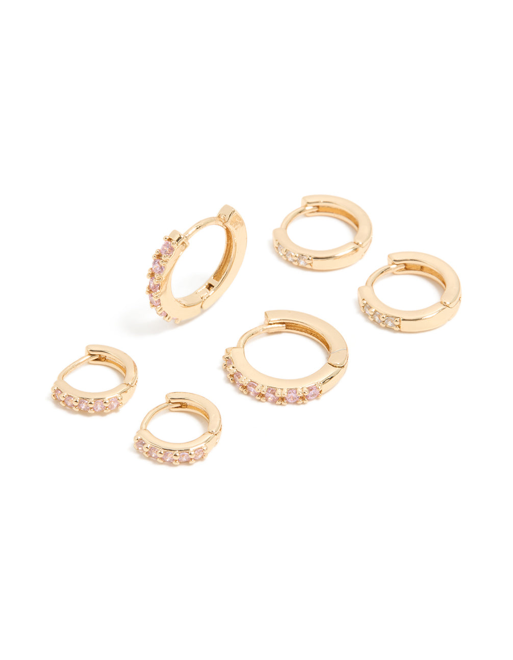 Showcasing gold light pink cubic zirconia simple huggie earrings 3-pack front view
