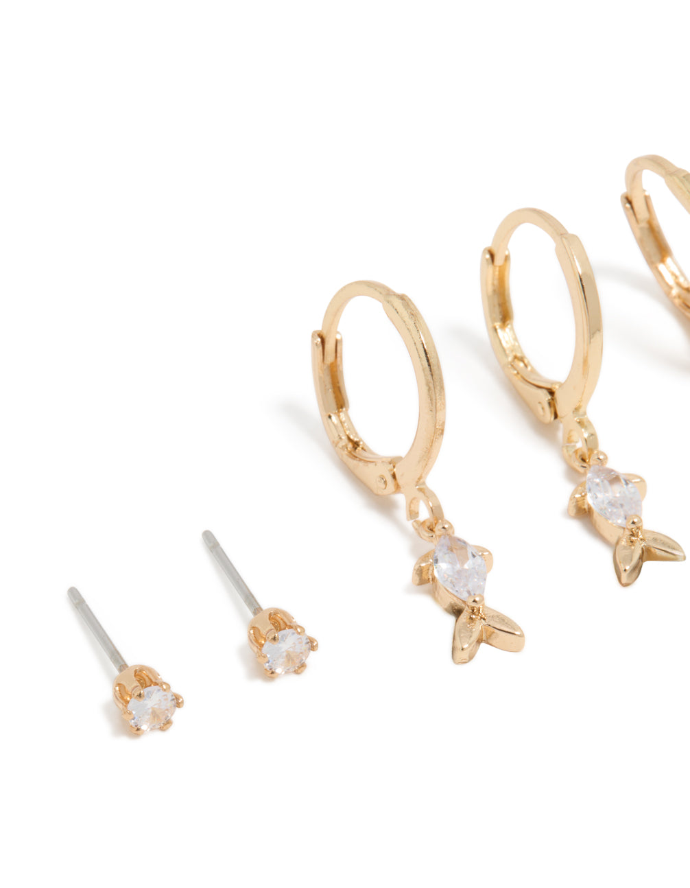Crafted from gold fish cubic zirconia huggie and stud earrings 3-pack ocean design close up view