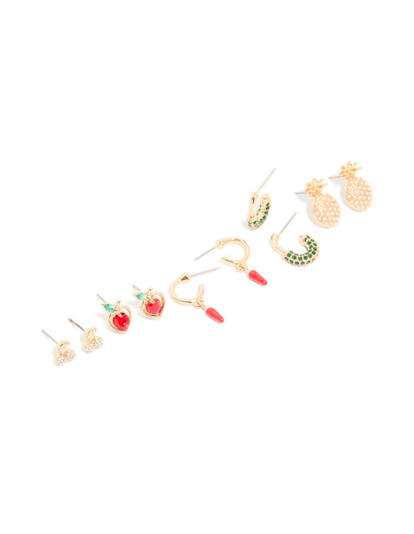 Gold Diamante Fruit Earrings 5-Pack