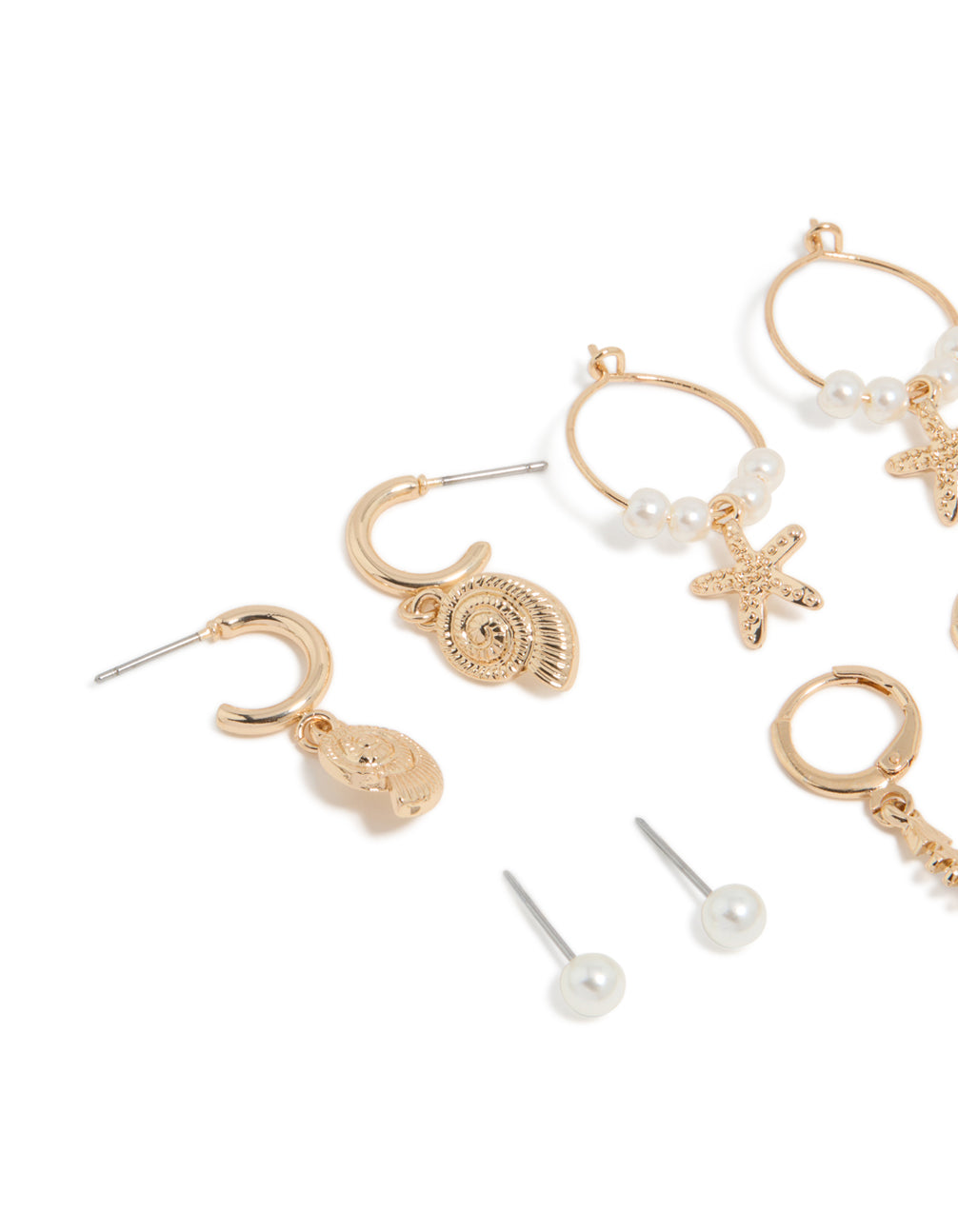 Stunning sea life huggie earrings 6-pack showcasing ocean with pearls, and shell accents in gold close up view