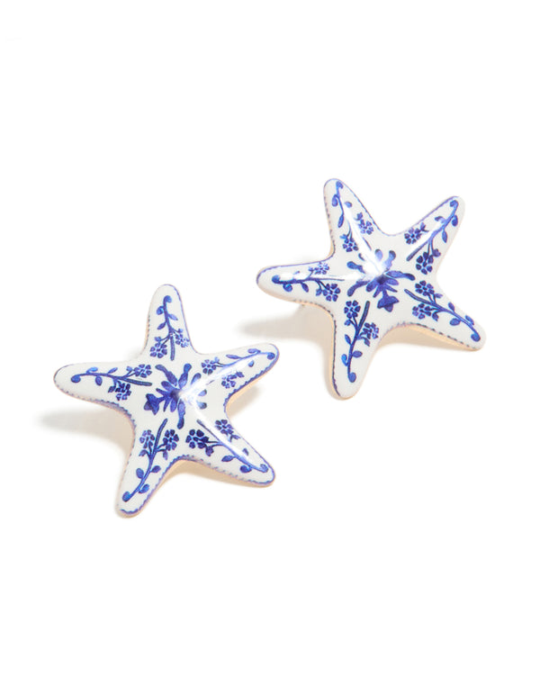 Gold White & Dark Blue Painted  Floral Starfish Stud Earrings