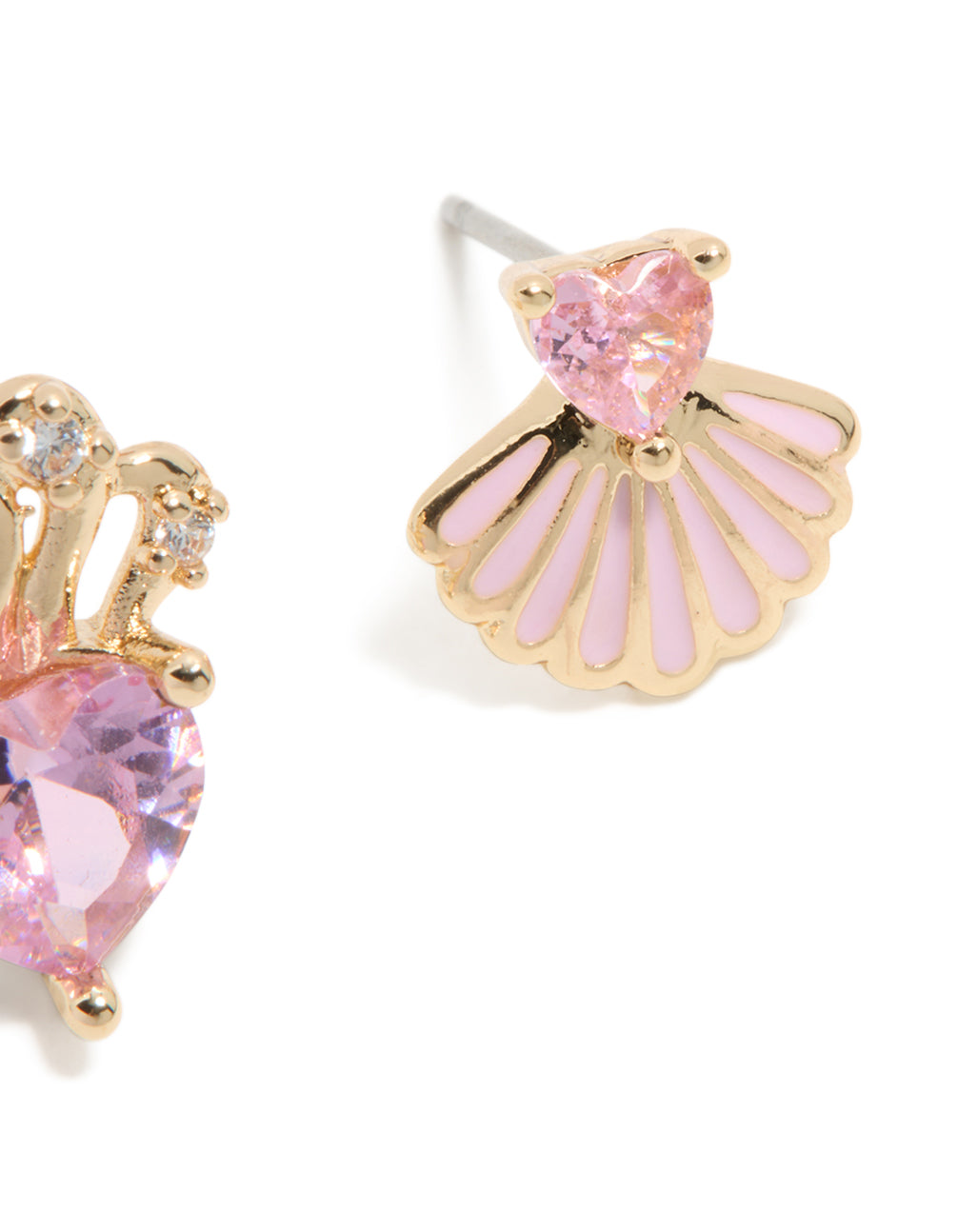 Elegant gold link pink cubic zirconia heart and shell stud earrings with ocean feature enamel in lavender post detail view