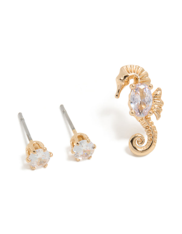 Gold Diamante & Seahorse Stud Earrings 3-Pack