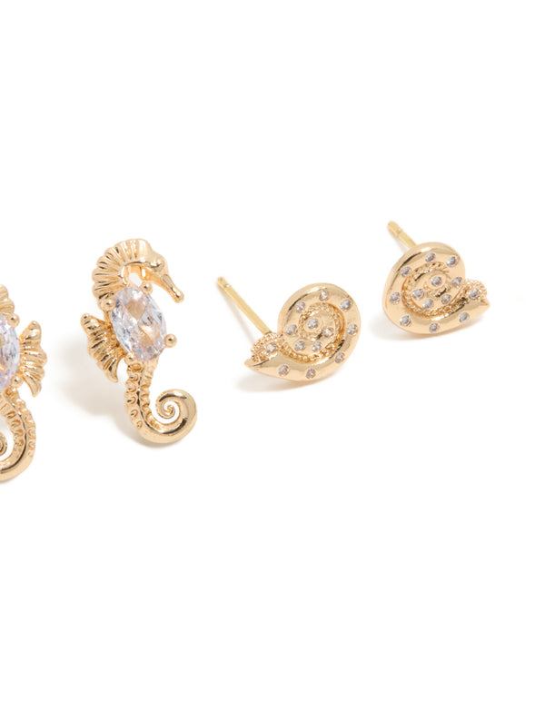 Gold Diamante & Seahorse Stud Earrings 3-Pack