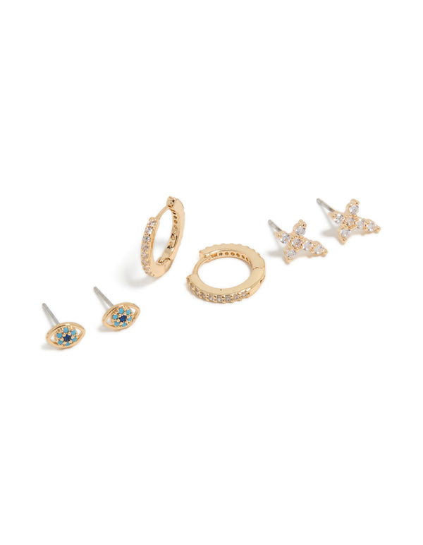 Showcasing evil eye & cross cubic zirconia stud and huggie earrings in gold 3-pack front view