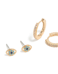Featuring evil eye & cross cubic zirconia stud and huggie earrings in gold 3-pack close up view - link has visual effect only