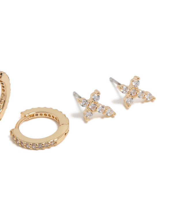 Presenting evil eye & cross cubic zirconia stud and huggie earrings in gold 3-pack post detail view