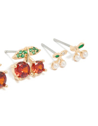 Gold Strawberry & Cherries Earrings 3-Pack - link has visual effect only