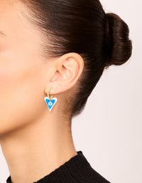 Gold Blue Heart With A Flower Inside Huggie Earrings - link has visual effect only