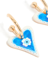 Gold Blue Heart With A Flower Inside Huggie Earrings - link has visual effect only