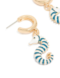Gold Blue & White Seahorse Open Hoop Earrings - link has visual effect only