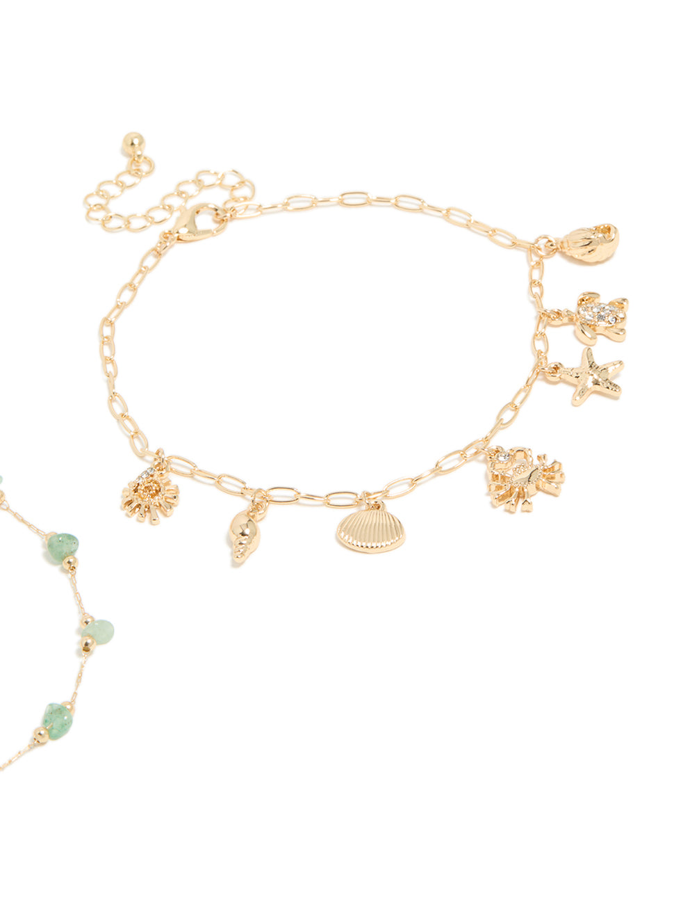 A stunning gold semi precious stone and sea charm anklet 2-pack with beads, shell, sun, and ocean-themed anklets detailing side view