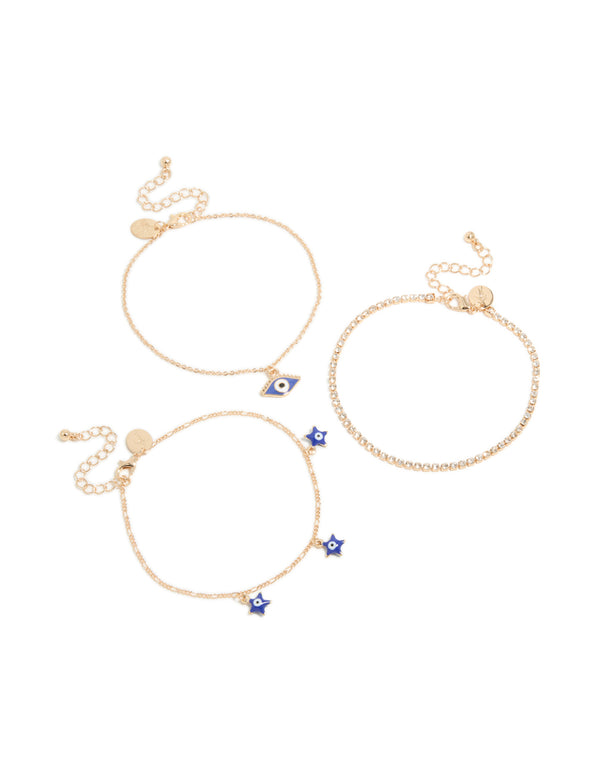 Gold Evil Eye Tennis & Chain Anklets 3-Pack