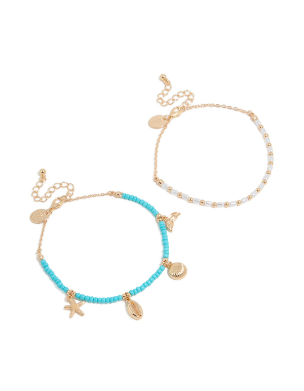 White & Blue Beaded Sea Life Charm Anklets 2-Pack