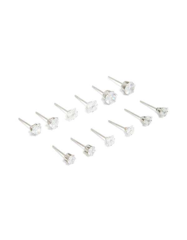 Waterproof Stainless Steel Cubic Zirconia Essential Stud Earrings 6-Pack