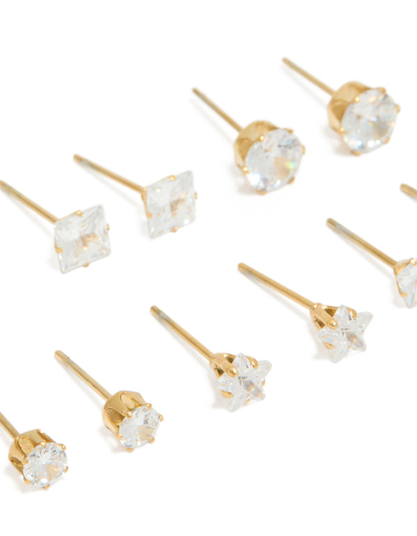 Waterproof Gold Plated Stainless Steel Cubic Zirconia Essential Stud Earrings 6-Pack
