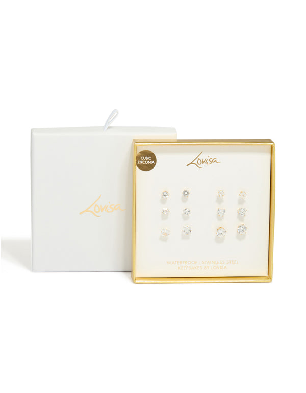 Waterproof Gold Plated Stainless Steel Cubic Zirconia Essential Stud Earrings 6-Pack
