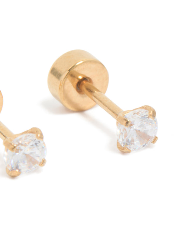 Kids Gold Plated Surgical Steel Cubic Zirconia Classic Flat Back Studs