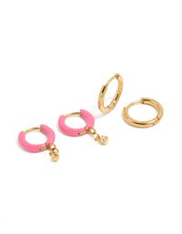 Waterproof Gold Plated Stainless Steel Pink Enamel & Cubic Zirconia Huggie Earrings 2-Pack - link has visual effect only