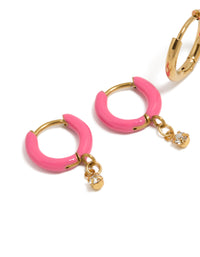 Waterproof Gold Plated Stainless Steel Pink Enamel & Cubic Zirconia Huggie Earrings 2-Pack - link has visual effect only