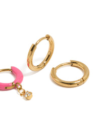 Waterproof Gold Plated Stainless Steel Pink Enamel & Cubic Zirconia Huggie Earrings 2-Pack - link has visual effect only