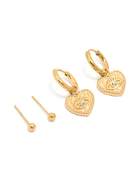 Waterproof Gold Plated Stainless Steel Heart Evil Eye Huggie & Ball Stud Earrings 2-Pack - link has visual effect only