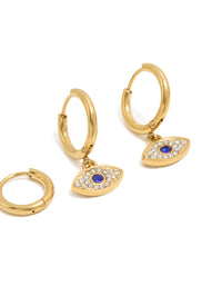 Waterproof Gold Plated Stainless Steel & Diamante  Evil Eye Huggie Earrings 2-Pack - link has visual effect only