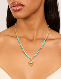 Waterproof Gold Plated Stainless Steel Turquoise Semi Precious Stone Sunburst Pendant Necklace - link has visual effect only