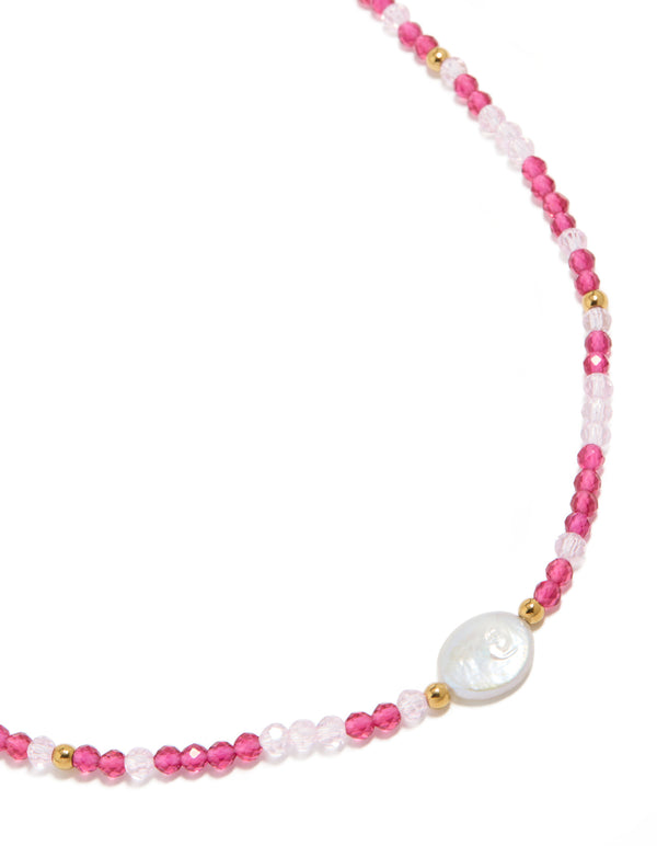 Waterproof Gold Plated Stainless Steel Pink Face Beaded &  Pearl Necklace