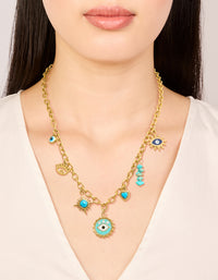 Waterproof Gold Plated Stainless Steel Evil Eye & Turquoise Semi Precious Stone Charm Necklace - link has visual effect only