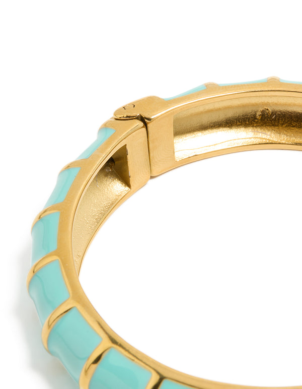 Waterproof Gold Plated Stainless Steel Ribbed Blue  Enamel Bangle