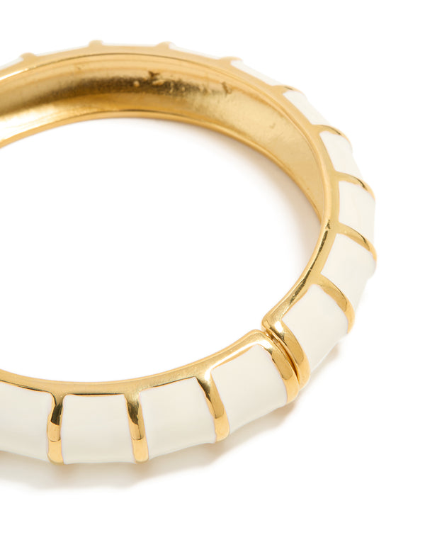 Waterproof Gold Plated Stainless Steel White Enamel Ribbed Bangle