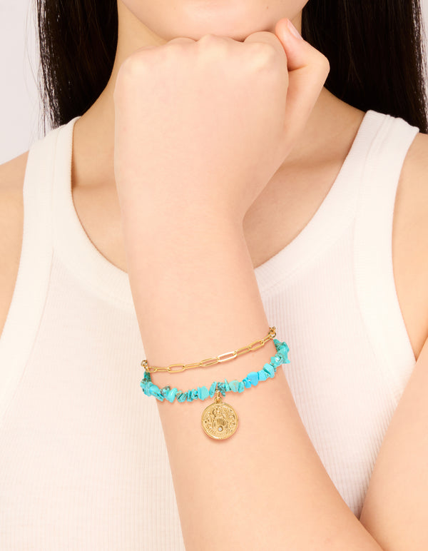 Waterproof Gold Plated Stainless Steel Coin  & Turquoise Semi Precious Stone Chip Bracelets 2-Pack