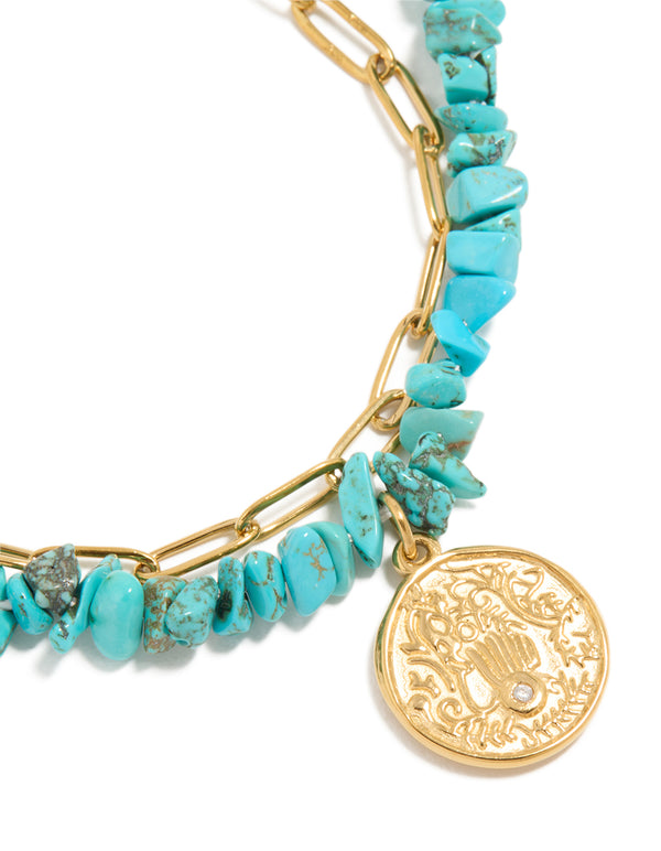 Waterproof Gold Plated Stainless Steel Coin  & Turquoise Semi Precious Stone Chip Bracelets 2-Pack