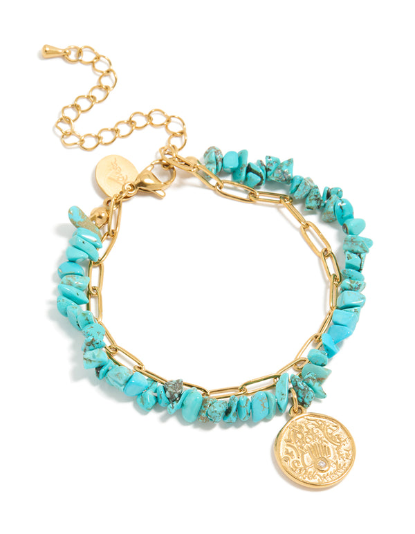 Waterproof Gold Plated Stainless Steel Coin  & Turquoise Semi Precious Stone Chip Bracelets 2-Pack