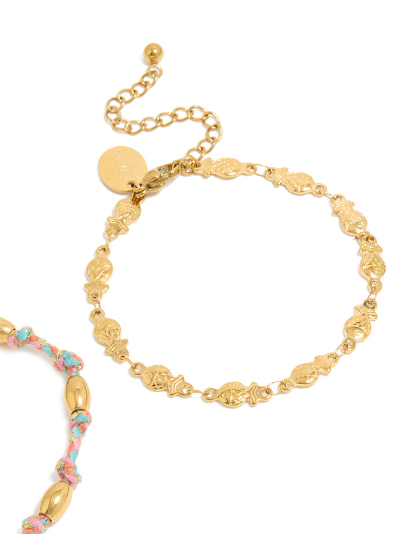 Waterproof Gold Plated Stainless Steel Pink Cord & Fish Bracelets 2-Pack