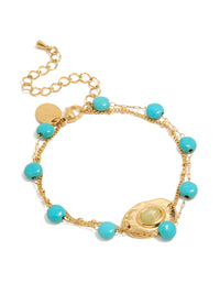Waterproof Gold Plated Stainless Steel Disc Turquoise Semi Precious Stone & Green Stone Bracelets 2-Pack - link has visual effect only