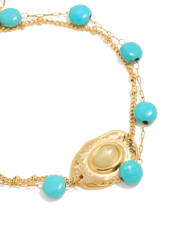 Waterproof Gold Plated Stainless Steel Disc Turquoise Semi Precious Stone & Green Stone Bracelets 2-Pack