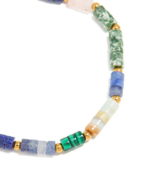 Detailed view of waterproof gold plated stainless steel beaded bracelet highlighting amazonite and rose quartz semi precious stones with round cut close up view - link has visual effect only