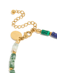 Waterproof gold plated stainless steel beaded bracelet featuring amazonite and rose quartz semi precious stones with round cut closure detail view - link has visual effect only