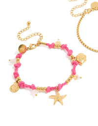 Waterproof Gold Plated Stainless Steel Pearl & Sea Charm Cord Bracelets 2-Pack - link has visual effect only