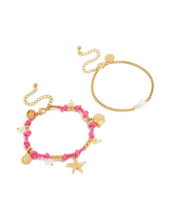 Waterproof Gold Plated Stainless Steel Pearl & Sea Charm Cord Bracelets 2-Pack