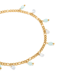 Waterproof Gold Plated Stainless Steel Aqua Beaded & Cubic Zirconia Droplets Anklet - link has visual effect only